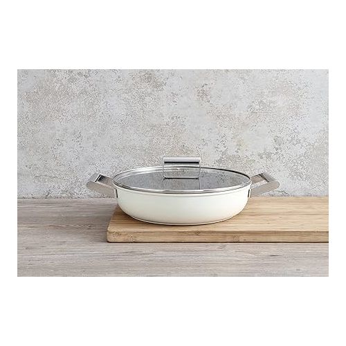 스메그 Smeg CKFD2811CRM Skillet Deeppan 28cm and Lid Cream, Non-Stick, Aluminium, Patented Base