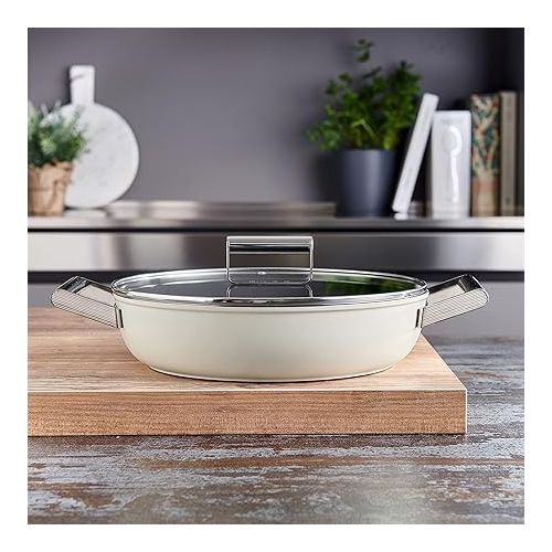 스메그 Smeg CKFD2811CRM Skillet Deeppan 28cm and Lid Cream, Non-Stick, Aluminium, Patented Base