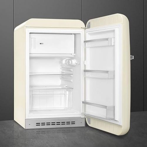 스메그 Smeg FAB10 50's Retro Style Aesthetic Refrigerator with 4.48 Cu Total Capacity, 2 Glass Shelves, LED Internal Light, 22-Inches, Cream Right Hand Hinge