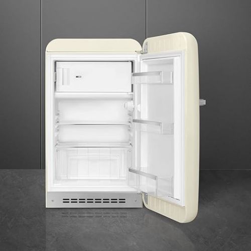 스메그 Smeg FAB10 50's Retro Style Aesthetic Refrigerator with 4.48 Cu Total Capacity, 2 Glass Shelves, LED Internal Light, 22-Inches, Cream Right Hand Hinge