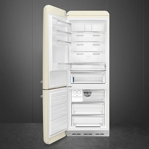스메그 Smeg FAB38 50's Retro Style Aesthetic Bottom Freezer Refrigerator with 18 Cu Total Capacity, Multiflow Cooling System, 3 Adjustable Glass Shelves 28-Inches, Cream Left Hand Hinge