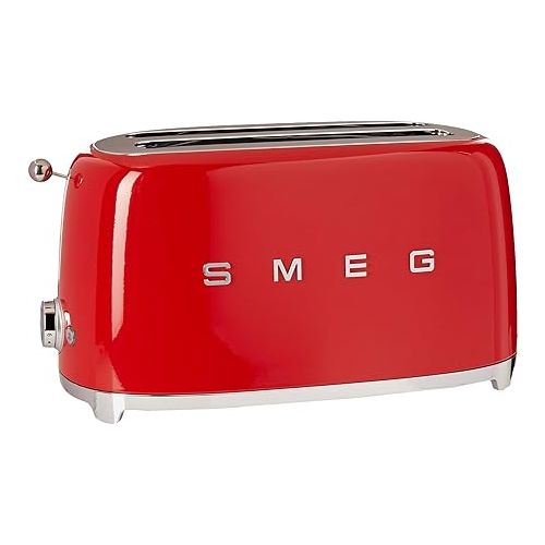 스메그 Smeg Red 50's Retro Variable Temp Kettle, 4 Slice Toaster, Steel Ball Lever Knob, Slice Pop-up