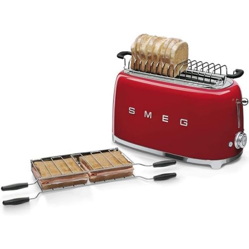 스메그 Smeg Red 50's Retro Variable Temp Kettle, 4 Slice Toaster, Steel Ball Lever Knob, Slice Pop-up