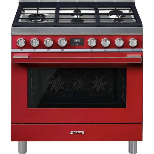 스메그 Smeg Portofino CPF36UGMR 36x 25, 4.5 cu. ft. Oven Freestanding Pro-Style Dual Fuel Range, Red