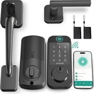 WiFi Front Door Lock Set - SMONET Fingerprint Keyless Entry Smart Locks Handle Set, Digital Remote Control Keypad Bluetooth Alexa Deadbolt Lockset with Auto Lock, Code, Fob, App for Rental,Black