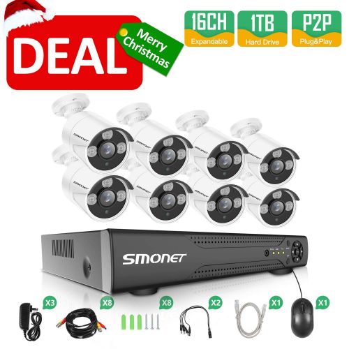  【2019 New】 16 Channel Security Camera System,SMONET 4-in-1 HD DVR Security Camera System(1TB Hard Drive),8pcs 720p Outdoor Home Security Cameras,DVR Kits for Easy Remote Monitoring