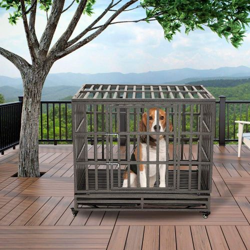  SMONTER Heavy Duty Dog Crate Strong Metal Pet Kennel Playpen with Two Prevent Escape Lock, Large Dogs Cage with Wheels …