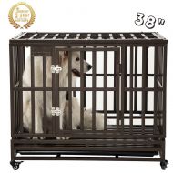 SMONTER Heavy Duty Dog Crate Strong Metal Pet Kennel Playpen with Two Prevent Escape Lock, Large Dogs Cage with Wheels …