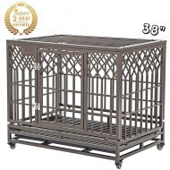 SMONTER Heavy Duty Dog Crate Strong Metal Pet Kennel Playpen with Two Prevent Escape Lock, Large Dogs Cage with Wheels, Y Shape, Dark Silver … …