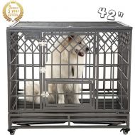 SMONTER Heavy Duty Dog Crate Strong Metal Pet Kennel Playpen with Two Prevent Escape Lock, Large Dogs Cage with Wheels, Y Shape, Dark Silver … …