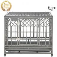 SMONTER Heavy Duty Dog Crate Strong Metal Pet Kennel Playpen with Two Prevent Escape Lock, Large Dogs Cage with Wheels, Y Shape, Dark Silver … …