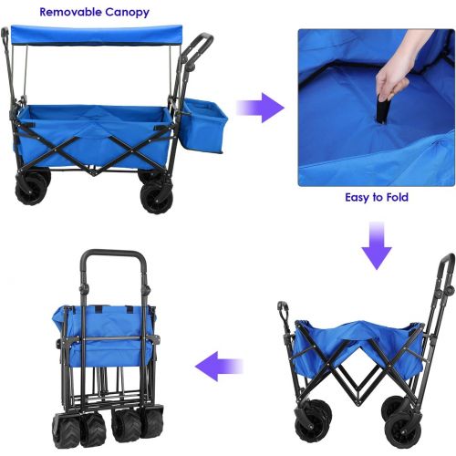  SNAN Push and Pull Collapsible Utility Wagon, Heavy Duty Folding Portable Hand Cart with Removable Canopy, 7“ All-Terrain Wheels, Adjustable Handles and Double Fabric for Shopping, Picn