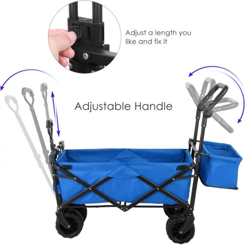  SNAN Push and Pull Collapsible Utility Wagon, Heavy Duty Folding Portable Hand Cart with Removable Canopy, 7“ All-Terrain Wheels, Adjustable Handles and Double Fabric for Shopping, Picn