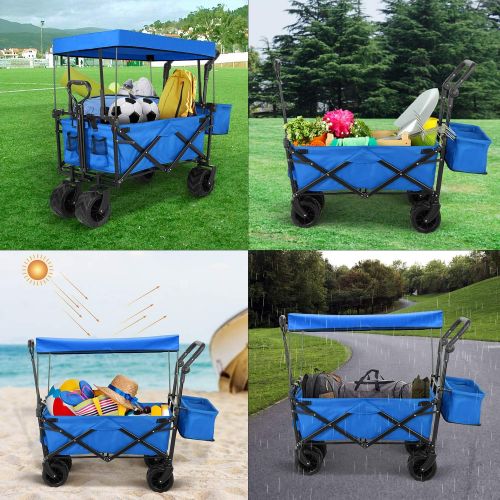  SNAN Push and Pull Collapsible Utility Wagon, Heavy Duty Folding Portable Hand Cart with Removable Canopy, 7“ All-Terrain Wheels, Adjustable Handles and Double Fabric for Shopping, Picn