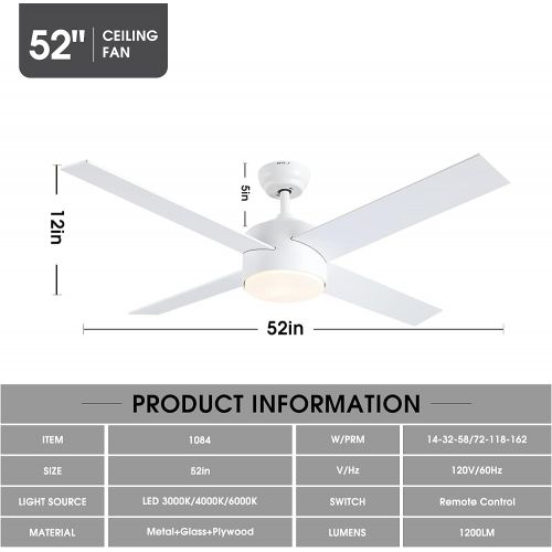  Ceiling Fan with Lights and Remote Control,SNJ Modern Ceiling Fan for Living Room Bedroom Dining Room,Indoor (52 White)