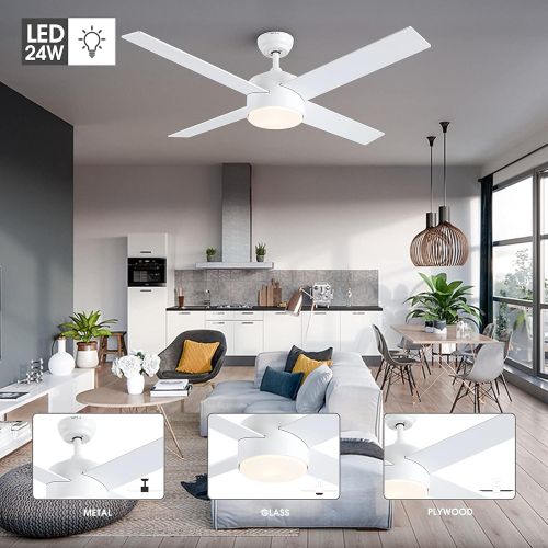  Ceiling Fan with Lights and Remote Control,SNJ Modern Ceiling Fan for Living Room Bedroom Dining Room,Indoor (52 White)