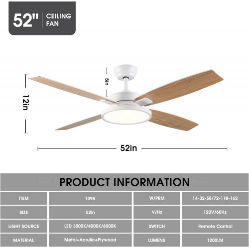  SNJ Modern Ceiling Fan with LED Lights and Remote Control for Living Room Bedroom Dining Room, 52 Inch indoor(White)