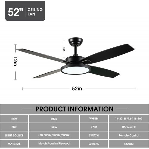  SNJ Modern Ceiling Fan with LED Lights and Remote Control for Living Room Bedroom Dining Room, 52 Inch indoor (Black)