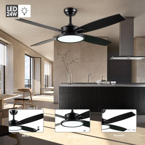  SNJ Modern Ceiling Fan with LED Lights and Remote Control for Living Room Bedroom Dining Room, 52 Inch indoor (Black)