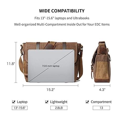  [아마존베스트]SOAEON Messenger Bag for Men 15.6 Inch Rugged Waxed Canvas Laptop Bag Waterproof Genuine Leather Briefcase Satchel Bags for Men Large Computer Work Bag, Brown