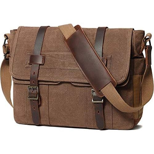  [아마존베스트]SOAEON Messenger Bag for Men 15.6 Inch Rugged Waxed Canvas Laptop Bag Waterproof Genuine Leather Briefcase Satchel Bags for Men Large Computer Work Bag, Brown