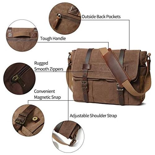  [아마존베스트]SOAEON Messenger Bag for Men 15.6 Inch Rugged Waxed Canvas Laptop Bag Waterproof Genuine Leather Briefcase Satchel Bags for Men Large Computer Work Bag, Brown