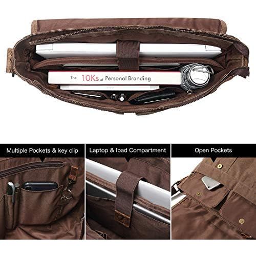  [아마존베스트]SOAEON Messenger Bag for Men 15.6 Inch Rugged Waxed Canvas Laptop Bag Waterproof Genuine Leather Briefcase Satchel Bags for Men Large Computer Work Bag, Brown