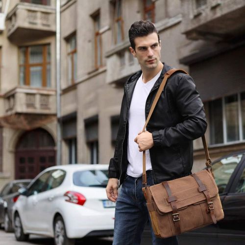  [아마존베스트]SOAEON Messenger Bag for Men 15.6 Inch Rugged Waxed Canvas Laptop Bag Waterproof Genuine Leather Briefcase Satchel Bags for Men Large Computer Work Bag, Brown