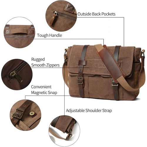  [아마존베스트]SOAEON Messenger Bag for Men 15.6 Inch Rugged Waxed Canvas Laptop Bag Waterproof Genuine Leather Briefcase Satchel Bags for Men Large Computer Work Bag, Brown