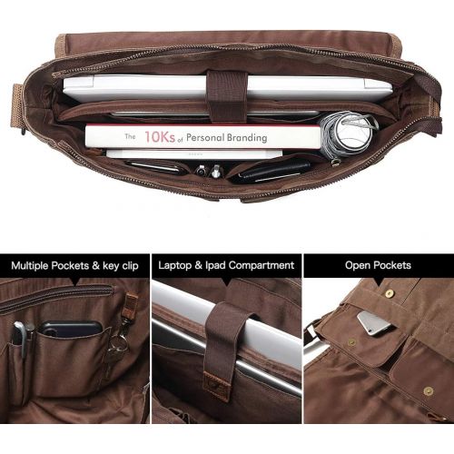  [아마존베스트]SOAEON Messenger Bag for Men 15.6 Inch Rugged Waxed Canvas Laptop Bag Waterproof Genuine Leather Briefcase Satchel Bags for Men Large Computer Work Bag, Brown