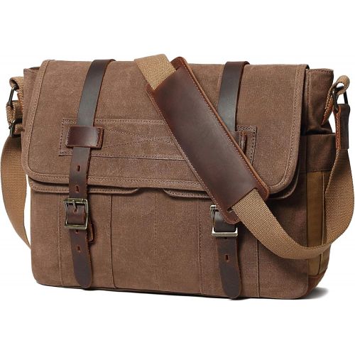  [아마존베스트]SOAEON Messenger Bag for Men 15.6 Inch Rugged Waxed Canvas Laptop Bag Waterproof Genuine Leather Briefcase Satchel Bags for Men Large Computer Work Bag, Brown