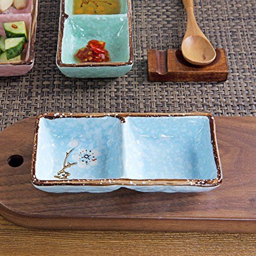  SOCOSY 2 Compartments Ceramic Floral Sauce Dish Seasoning Dishes Sushi Dipping Bowl Appetizer Plate Divided Serving Dish(pink,blue,green)