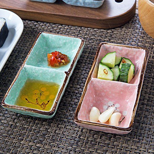  SOCOSY 2 Compartments Ceramic Floral Sauce Dish Seasoning Dishes Sushi Dipping Bowl Appetizer Plate Divided Serving Dish(pink,blue,green)