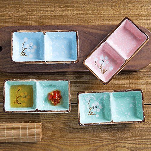  SOCOSY 2 Compartments Ceramic Floral Sauce Dish Seasoning Dishes Sushi Dipping Bowl Appetizer Plate Divided Serving Dish(pink,blue,green)