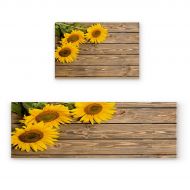 SODIKA Kitchen Rug Set, 2 Pieces Non-Skid Kitchen Mats and Rugs Set Doormat Runner Rug Sets, Sunflower on Strip Old Wooden Board 23.6x35.4+23.6x70.9