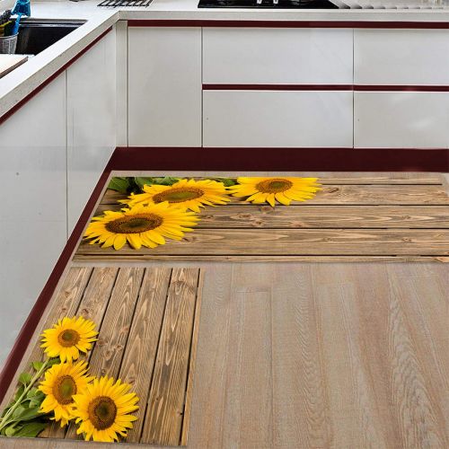  SODIKA Kitchen Rug Set, 2 Pieces Non-Skid Kitchen Mats and Rugs Set Doormat Runner Rug Sets, Sunflower on Strip Old Wooden Board 23.6x35.4+23.6x70.9