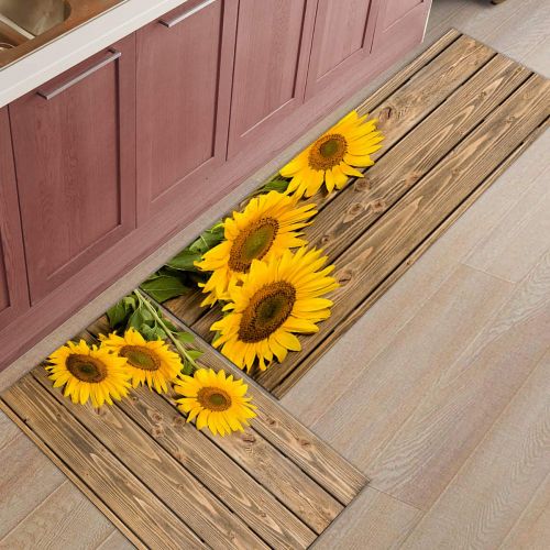  SODIKA Kitchen Rug Set, 2 Pieces Non-Skid Kitchen Mats and Rugs Set Doormat Runner Rug Sets, Sunflower on Strip Old Wooden Board 23.6x35.4+23.6x70.9