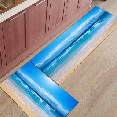  SODIKA Kitchen Rug Set, 2 Pieces Non-Skid Kitchen Mats and Rugs Set Doormat Runner Rug Sets, Ocean Waves Beach Sand Seaside 15.7x23.6+15.7x47.2