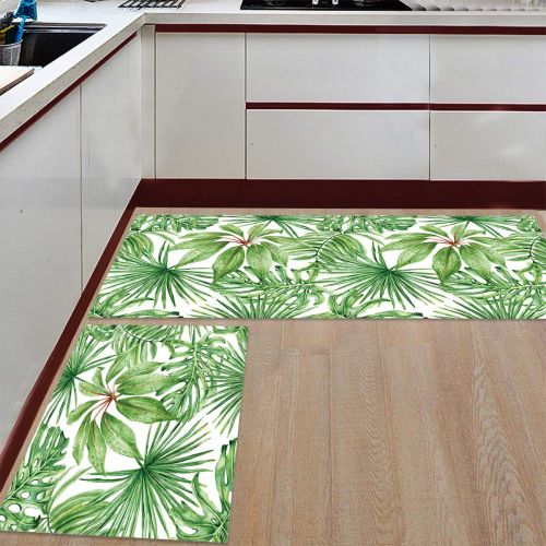  SODIKA Kitchen Rug Set, 2 Pieces Non-Skid Kitchen Mats and Rugs Set Doormat Runner Rug Sets, Tropical Palm Leaves 15.7x23.6+15.7x47.2