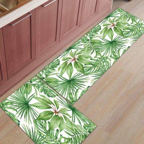  SODIKA Kitchen Rug Set, 2 Pieces Non-Skid Kitchen Mats and Rugs Set Doormat Runner Rug Sets, Tropical Palm Leaves 15.7x23.6+15.7x47.2