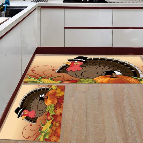  SODIKA Kitchen Rugs Set of 2 Non-Slip Kitchen Floor Mat Bath Rug Machine Washable Doormat Area Runner Rug Set,Thanksgiving, 15.7X23.6+15.7X47.2