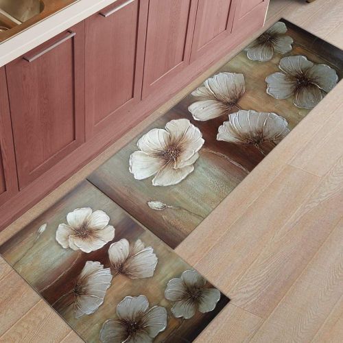  SODIKA Kitchen Rugs Set of 2 Non-Slip Kitchen Floor Mat Bath Rug Machine Washable Doormat Area Runner Rug Set, Flowers, 15.7X23.6+15.7X47.2