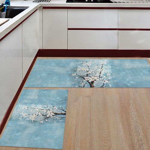  SODIKA Blue White Wintersweet Kitchen Floor Mat Set of 2, Non Slip Rugs Washable for Indoor Kitchen Bathroom,19.7x31.5+19.7x47.2