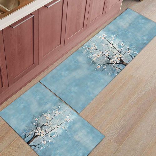  SODIKA Blue White Wintersweet Kitchen Floor Mat Set of 2, Non Slip Rugs Washable for Indoor Kitchen Bathroom,19.7x31.5+19.7x47.2