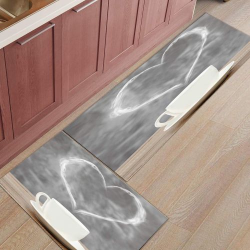  SODIKA Kitchen Rugs Set of 2 Non-Slip Kitchen Floor Mat Bath Rug Machine Washable Doormat Area Runner Rug Set,Love Smoke Coffee, 19.7X31.5+19.7X47.2