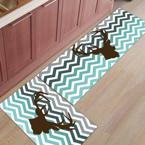  SODIKA Kitchen Rug Set, 2 Pieces Non-Skid Kitchen Mats and Rugs Set Doormat Runner Rug Sets, Chevron Deer Head in Grey and Green Pattern 19.7x31.5+19.7x47.2