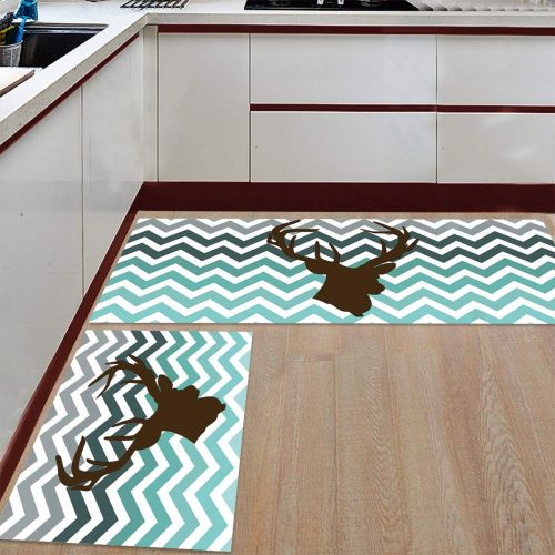 SODIKA Kitchen Rug Set, 2 Pieces Non-Skid Kitchen Mats and Rugs Set Doormat Runner Rug Sets, Chevron Deer Head in Grey and Green Pattern 19.7x31.5+19.7x47.2