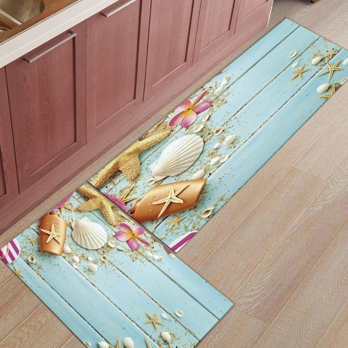  SODIKA Kitchen Rug Set, 2 Pieces Non-Skid Kitchen Mats and Rugs Set Doormat Runner Rug Sets, Beach Theme Seashells 15.7x23.6+15.7x47.2