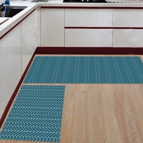  SODIKA Kitchen Rug Set, 2 Pieces Non-Skid Kitchen Mats and Rugs Set Doormat Runner Rug Sets, Chevron Herringbone Geometric Modern Pattern in Teal 15.7x23.6+15.7x47.2