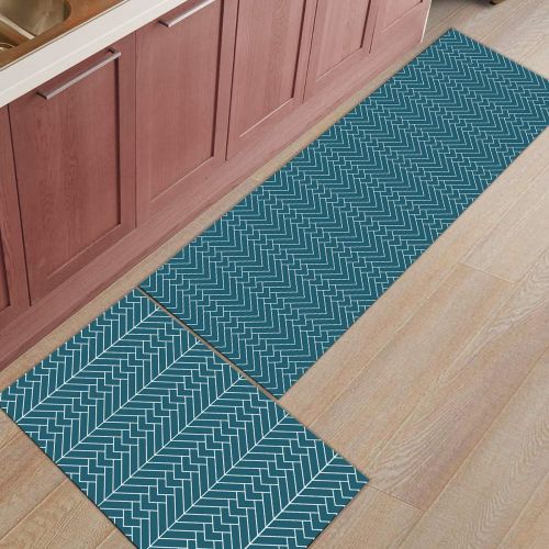  SODIKA Kitchen Rug Set, 2 Pieces Non-Skid Kitchen Mats and Rugs Set Doormat Runner Rug Sets, Chevron Herringbone Geometric Modern Pattern in Teal 15.7x23.6+15.7x47.2